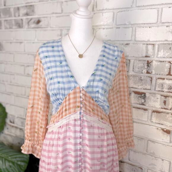 Love Shack Fancy Romantic Cottage Core Plaid Midi Puff Sleeve Ruffle Dress 8 - Picture 5 of 13